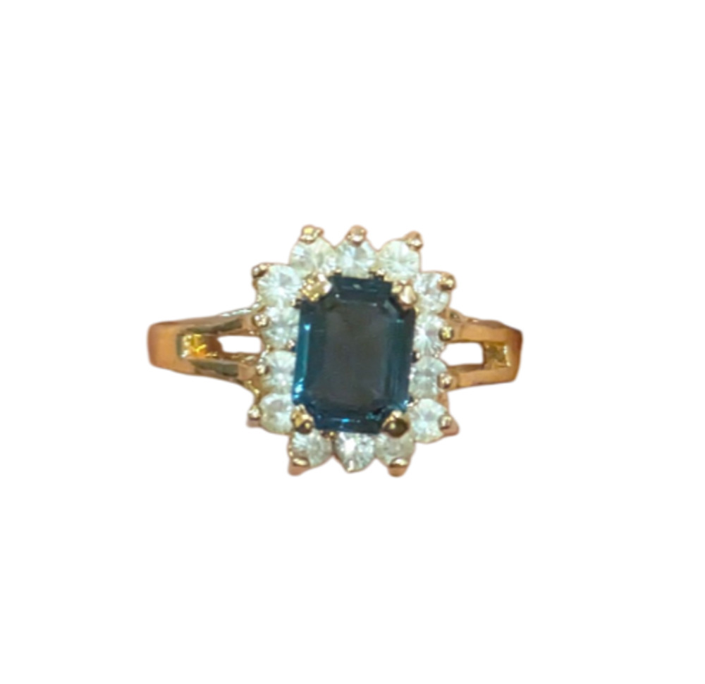 Vintage Simulated Sapphire Halo Ring Size 8 Gold Electroplate